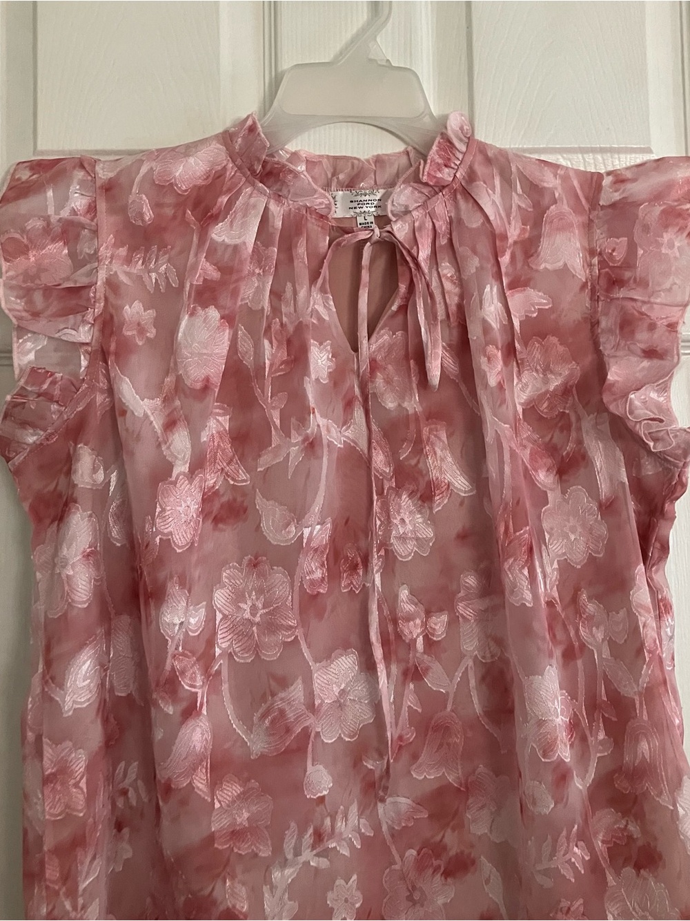 Shannon Ford New York Pink Floral Tie-Neck Chiffon Top Size L